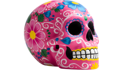 Pink skull art with flowers, bold design, studio lighting. Celebrates Day of the Dead, Halloween, cultural events, product photography.