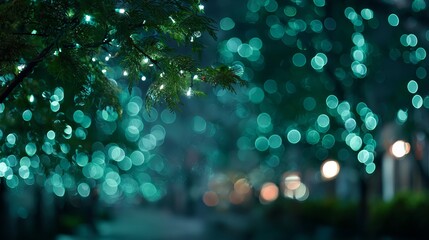 Dreamy outdoor green night bokeh with large soft glowing light orbs on a fully blurred festive background creating a warm magical atmosphere with copy space for cards banners and web headers