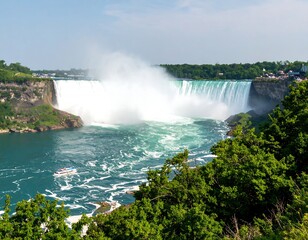 Fototapeta premium Majestic waterfall cascading over cliffs into churning river, viewed from a lush green vantage point