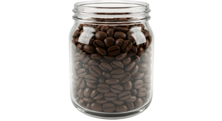 Coffee beans fill a clear glass jar against a dark background. Perfect for coffee shop branding or menu design.