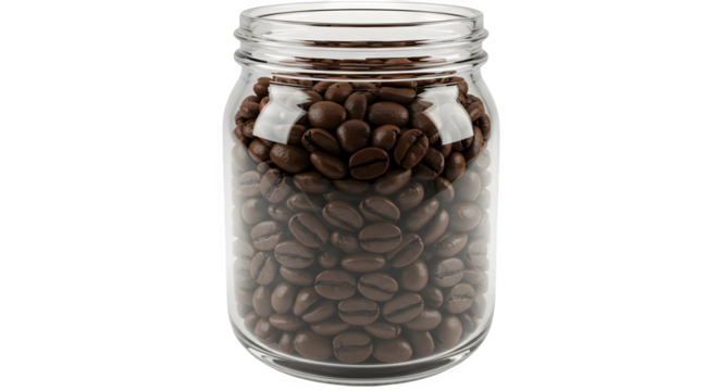 Coffee beans fill a clear glass jar against a dark background. Perfect for coffee shop branding or menu design.
