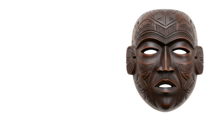 Brown carved wood mask displays ethnic texture against black backdrop. Ideal for cultural projects, anthropological studies, and artistic presentations.