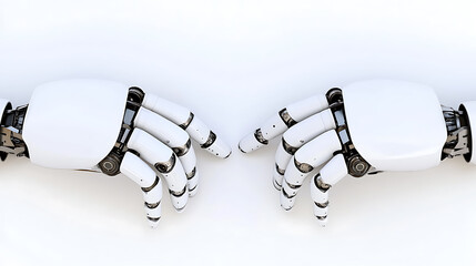 Two robotic hands facing each other against a white background