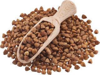 Buckwheat seeds in wooden scoop isolated
