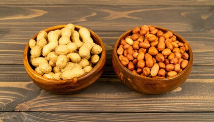 Two wooden bowls of peanuts