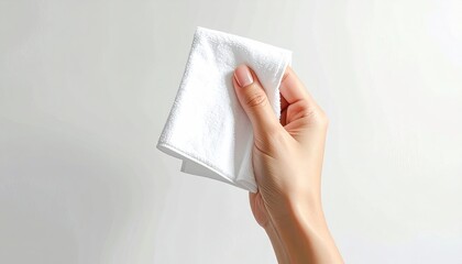 Hand Holding White Terry Cloth on White Background Soft Lighting Neutral Tones Clean Presentation Hygiene Concept Studio Shot