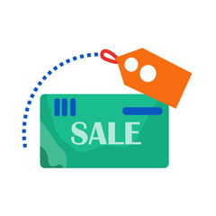 Credit card with sale text and attached price tag, concept of online shopping, discount and special offer. Vector illustration