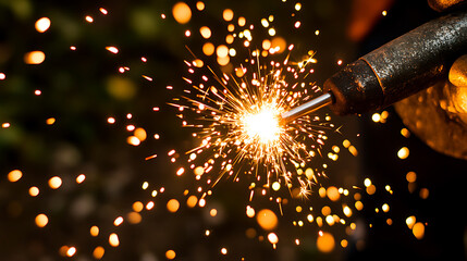 Close-up of a welding torch producing bright sparks during metalwork
