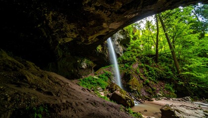 Waterfall cascading into a rocky grotto