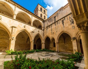 Fototapeta premium Sunny courtyard of an ancient stone monastery