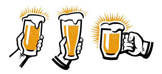Hand holding beer glass emblem. Oktoberfest, pub menu concept. Mug with alcoholic drink, goblet toasting beverage symbol