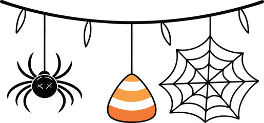 A spooky halloween garland featuring a black spider a candy corn and a detailed spiderweb illustration hanging from a string of lights