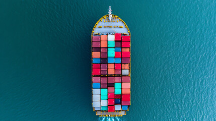 Aerial view of a container ship loaded with colorful shipping containers on calm blue ocean waters