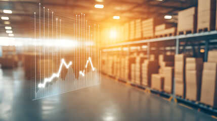Warehouse interior with digital graph overlay showing data trends