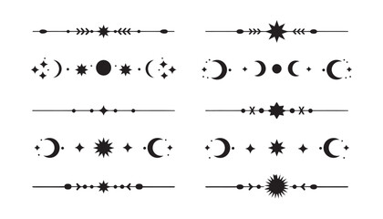 Mystical celestial divider collection with moon phases, sun, and stars. Esoteric line art borders for astrology and magic design projects