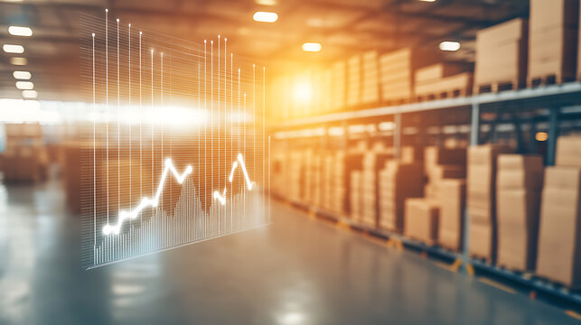 Warehouse interior with digital graph overlay showing data trends - Powered by Adobe