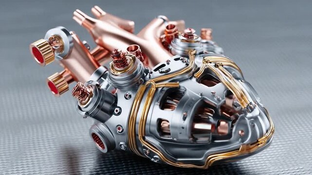 Mechanical Heart: A meticulously crafted mechanical heart rests against a textured surface. The intricate design showcases the fusion of technology and biology.