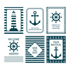 Collection of nautical themed invitation templates and marine symbols in vector format. Set of six cards with anchor, lighthouse, and ship wheel designs