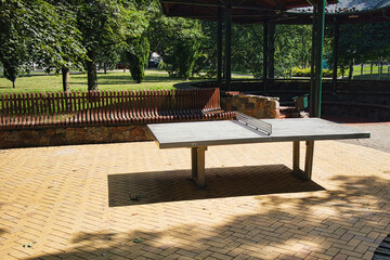 A table with a net and a bench in front of it