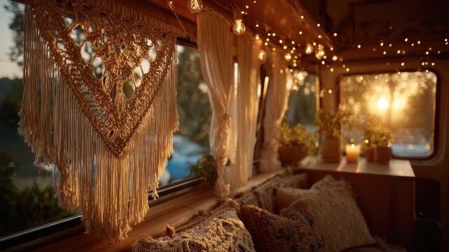Cozy vintage camper interior with warm lighting, decorative macrame, soft pillows, and sunset view, perfect for relaxation and inspiration