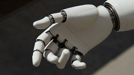 Close-up of a robotic hand with articulated fingers and mechanical joints