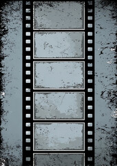 Obraz premium Film strip grunge background with retro colors, grain texture, solid gray and blue shades, simple composition and white space between frames.