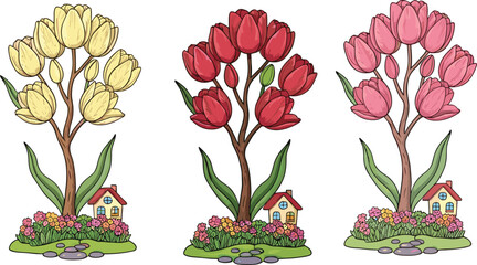 Cartoon tulip flower trees with colorful blossoms, fantasy house garden landscape illustration, spring floral design with cute small homes.