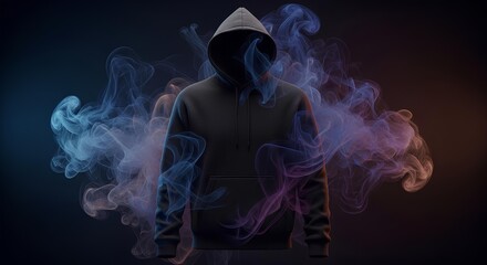 Mysterious anonymous figure in a black hoodie with a hidden face, enveloped in swirling blue and orange smoke, symbolizing cybersecurity and digital threats
