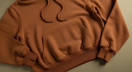Close-up detail of a warm brown cozy hoodie sweatshirt with a kangaroo pocket and drawstrings, essential casual autumn fashion apparel