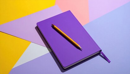 A vibrant purple notebook rests on a colorful geometric backdrop, accented by a bright yellow pencil.