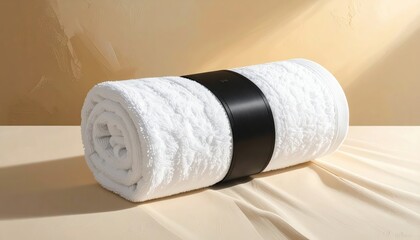 A rolled white bath towel with a dark band, displayed on a cream-colored surface against a muted beige backdrop, creating a clean and elegant presentation.