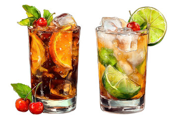 Cuba Libre, Dark and Stormy cocktail PNG set bundle, white isolated background. Mixology, bar menu cocktails, colorful vibrant refreshing drink with garnish