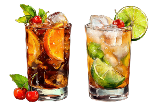Cuba Libre, Dark and Stormy cocktail PNG set bundle, white isolated background. Mixology, bar menu cocktails, colorful vibrant refreshing drink with garnish