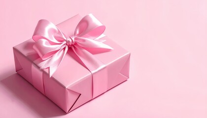 Fototapeta premium A vibrant pink gift box, elegantly wrapped with a satin ribbon bow, sits on a matching background.