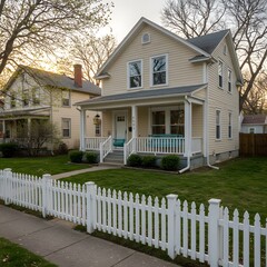 Charming light colored house with white picket fence and green lawn