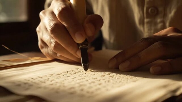 Person Writing with Quill Pen on Parchment Paper