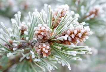Pine needles and cones are delicately coated in a layer of frost, creating a serene winter scene with a soft, ethereal quality
