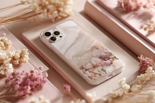 Elegant iPhone case featuring marble design and dried flowers, perfect for showcasing beauty and style with a luxurious touch