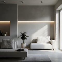 Modern living room with minimalist design and warm ambient lighting