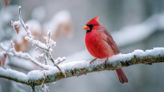 Crimson Cardinal: A Vivid Splash of Color on a Frosty, Snow-Covered Branch - Powered by Adobe