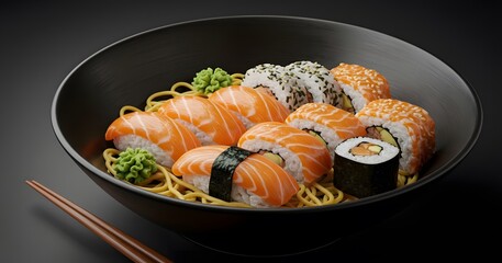 Delicious salmon sushi rolls and nigiri served in a bowl with noodles