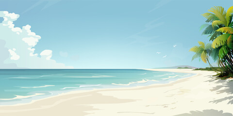 Fototapeta premium Vector beautiful realistic illustration of sandy summer beach. Seascape background. Summer sea hand drawn banner