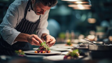 Culinary Artist's Intense Focus: Meticulously Plating a Gourmet Dish Under Warm Light.