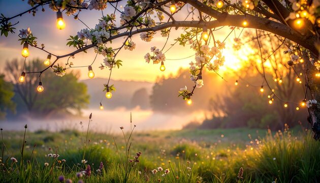 Twinkling fairy lights weave through blossoming branches, casting a soft, joyful glow over a misty meadow at dawn