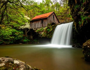 Waterfall cascading into a tranquil pool, with a rustic wooden building nestled beside it. Lush green foliage and trees surround the scene