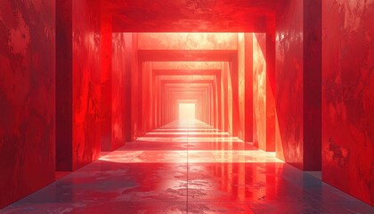 A long, vibrant red corridor, bathed in an ethereal light, stretches into the distance, showcasing a captivating architectural design.