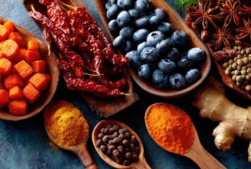 Colorful spices and ingredients fill wooden spoons and trays, creating an inviting culinary still life with vibrant reds, oranges, and blues