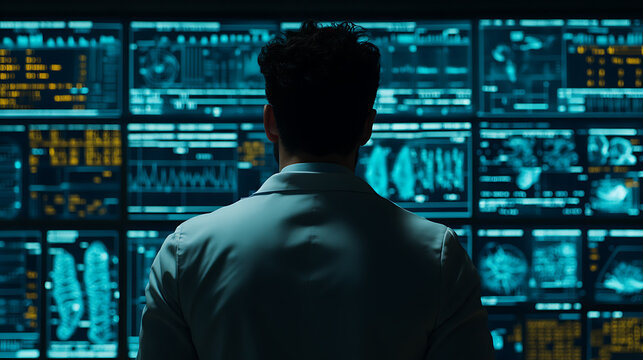 Man in suit observing multiple digital screens displaying data and analytics in a high-tech control room - Powered by Adobe