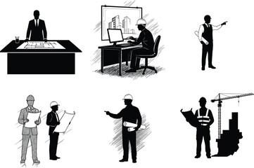 Architects and engineers at construction site, working with blueprints, city planning, project management, drafting buildings, vector illustration concept