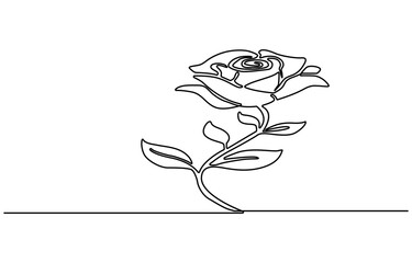 Rose one line drawing. Abstract flower continuous line. Minimalist contour drawing of rose . Continuous line drawing of flower rose . Hand drawn sketch of flower with leaves.